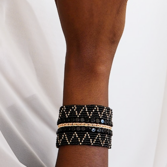 African Maasai Leather Cuff Bracelet | Black & Gold